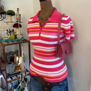 Y2K Academia Envision Avenue Pink & Orange Striped Polo Knit Top - Size Medium